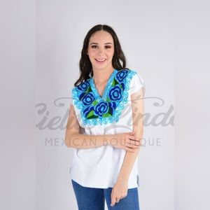 Zina White Plus Size Top with Blue Embroidery